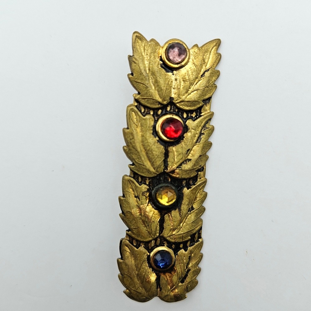 Vintage Gold Tone Leaf Bar Brooch Multicolor‎ Rhinestone Botanical Pin 2.75 Inch